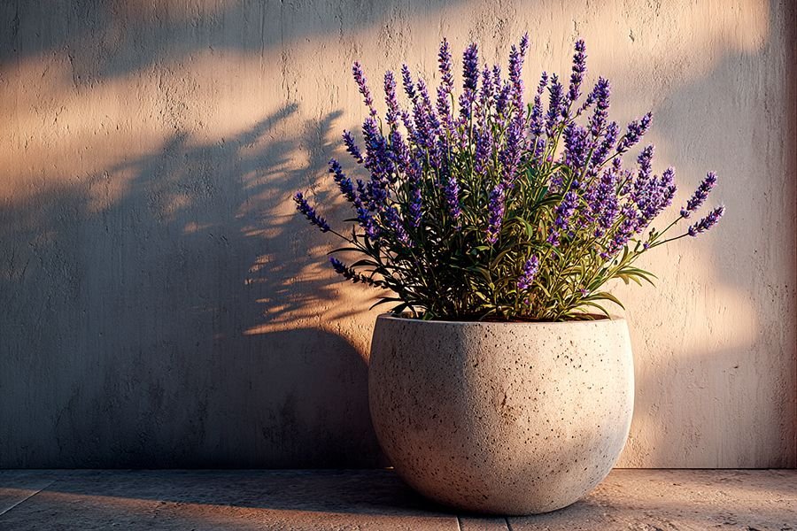 planta lavanda en balcón de la ciudad de cali, atardecer del valle del cauca, vivero Harmony Colombia