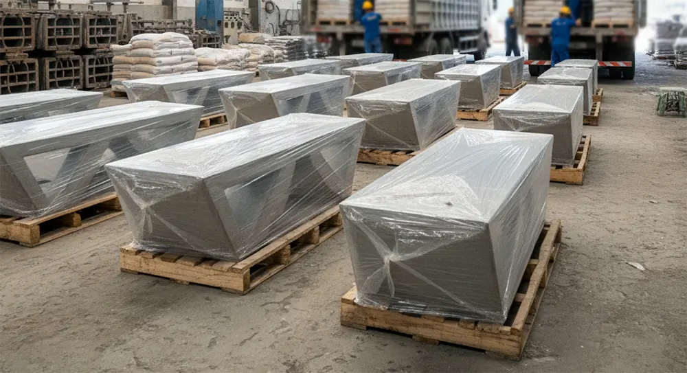 Lote de bancas de concreto embaladas en estibas de madera, listas para ser despachadas desde nuestra fábrica a Cali, Buga, Tuluá y Palmira