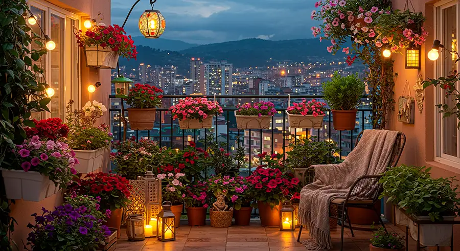 Diseño de Jardines en Cali: Transforma tu Hogar o Empresa con un Paisajismo Único en el Valle del Cauca 1 Diseño de jardín en balcón de un apartamento en Cali con flores coloridas y vista a la ciudad al atardecer, proyecto de Vivero Harmony.