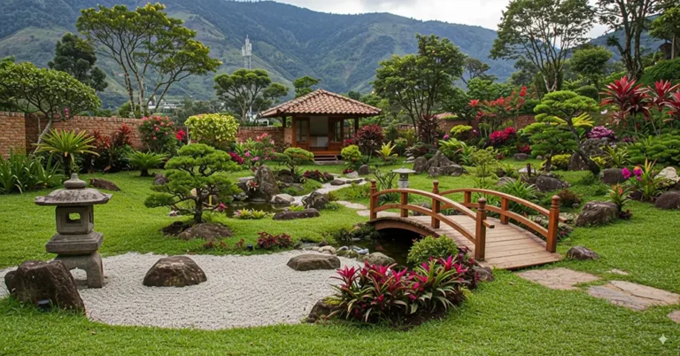 Diseño de jardín japonés en el Valle del Cauca con un estanque, rocas cubiertas de musgo y un sendero de piedra que invita a la calma.