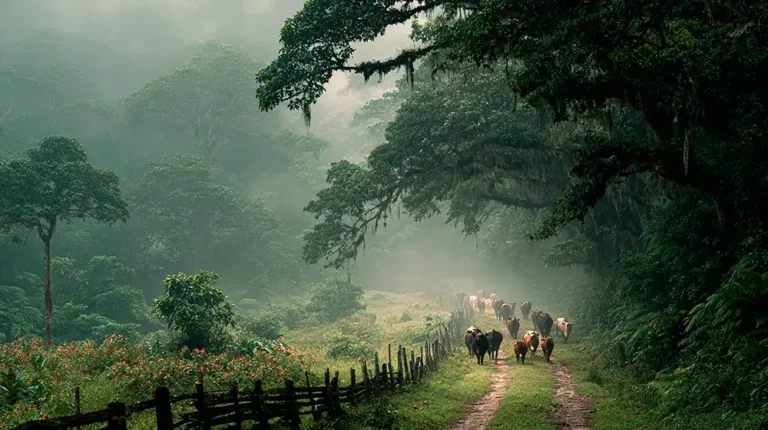 Ganado caminando por un sendero rural rodeado de un frondoso bosque de niebla en una finca con sistema silvopastoril en zona rural vallecaucana Colombia