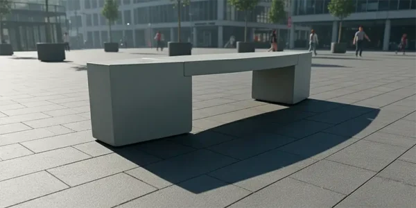 Banca de concreto modelo Clásica Robusta con espaldar, de alta resistencia, ideal para parques y proyectos de espacio público en Cali, Colombia.