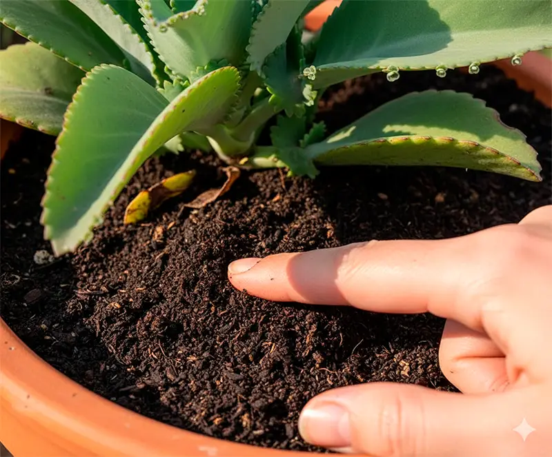 Mano de persona comprobando la humedad del sustrato de una planta mala madre con el dedo, indicando el momento adecuado para el riego