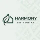 Logotipo de Harmony Editorial para la red nacional de arquitectos, paisajistas, botanicos, ingenieria, sostenibilidad ambiental e ingenieros. Icono minimalista en verde bosque que combina naturaleza y diseño estructural