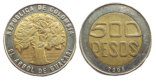 Anverso de la moneda de 500 pesos colombianos donde se representa el árbol Samán (Samanea saman), inspirado en el emblemático árbol de Guacarí.