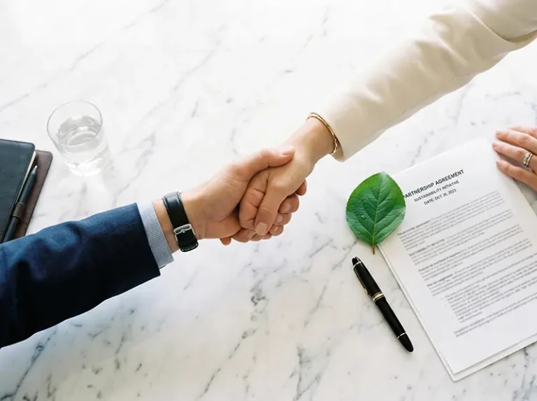 Fotografía minimalista y elegante de un apretón de manos corporativo sobre una mesa de juntas, junto a una hoja verde nativa y un documento legal. Representa la alianza estratégica y la confianza B2B entre las empresas de Bogotá y Vivero Harmony, el operador forestal experto elegido para garantizar el cumplimiento de la Ley 2173 (Ley del Árbol) mediante proyectos de reforestación llave en mano