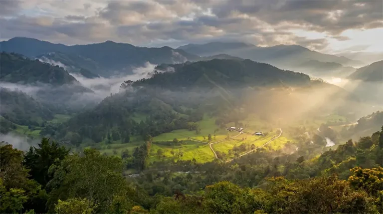 Paisaje natural de un valle montañoso que representa un Área de Vida oficial inscrita en el REAA (Registro Único de Ecosistemas y Áreas Ambientales). Este ecosistema estratégico es gestionado por Vivero Harmony para que las empresas medianas y grandes de Bogotá puedan ejecutar su plan de siembra de árboles nativos y cumplir con la Ley 2173 sin necesidad de comprar terrenos propios
