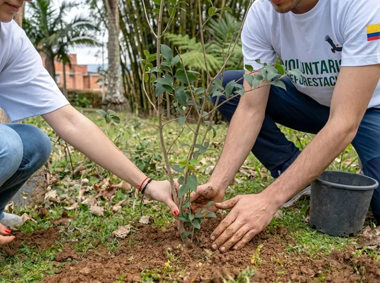 Fotografía de un equipo corporativo de una empresa en Bogotá realizando la siembra técnica de árboles nativos para dar cumplimiento a la Ley 2173. Los colaboradores trabajan en equipo plantando en un Área de Vida certificada, actividad fundamental para evitar sanciones ambientales en 2026 y tramitar el Certificado Siembra Vida Empresarial.