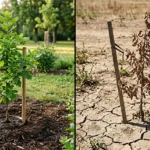 Ley 2173 en Colombia: El reto de los 2 años de mantenimiento obligatorio 4 Imagen conceptual que contrasta un árbol nativo sano frente a uno marchito en tierra seca. Representa el alto riesgo de incumplimiento y la pérdida de inversión que enfrentan las empresas medianas y grandes en Bogotá al ignorar el mantenimiento forestal obligatorio de dos años exigido por la Ley 2173 (Ley del Árbol)