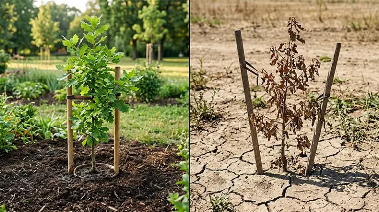 Imagen conceptual que contrasta un árbol nativo sano frente a uno marchito en tierra seca. Representa el alto riesgo de incumplimiento y la pérdida de inversión que enfrentan las empresas medianas y grandes en Bogotá al ignorar el mantenimiento forestal obligatorio de dos años exigido por la Ley 2173 (Ley del Árbol)