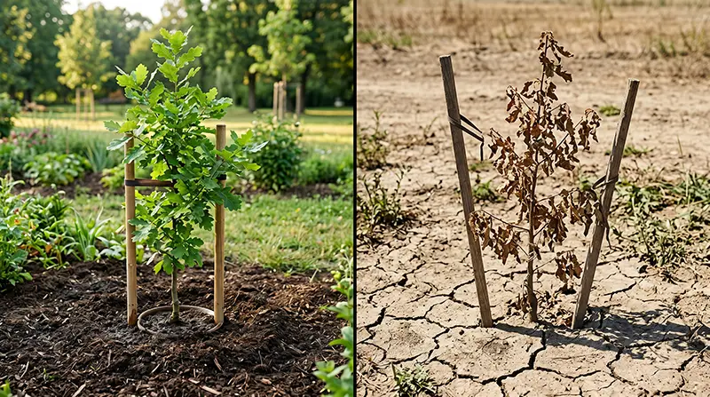 Ley 2173 en Colombia: El reto de los 2 años de mantenimiento obligatorio 1 Imagen conceptual que contrasta un árbol nativo sano frente a uno marchito en tierra seca. Representa el alto riesgo de incumplimiento y la pérdida de inversión que enfrentan las empresas medianas y grandes en Bogotá al ignorar el mantenimiento forestal obligatorio de dos años exigido por la Ley 2173 (Ley del Árbol)