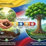 ¿Como Sembrar Plantas? en Colombia: Reforestación, Ley 2173 y las Mejores Fechas, Cali, Medellín y Bogotá 1 Ilustración del ciclo de vida de un árbol nativo colombiano desde la semilla hasta la madurez de más de 20 años. El proceso incluye: siembra, germinación y plántula en los primeros meses, crecimiento durante 1 a 10 años y madurez alcanzando un ecosistema frondoso. Sembrando la vida con semilla nativa colombiana, fertilización del suelo y plantación. Vivero Harmony promueve la reforestación en Cali, Bogotá y toda Colombia con la ceiba pentandra y otras especies endémicas como parte de proyectos de restauración ambiental y cumplimiento de la Ley 2173
