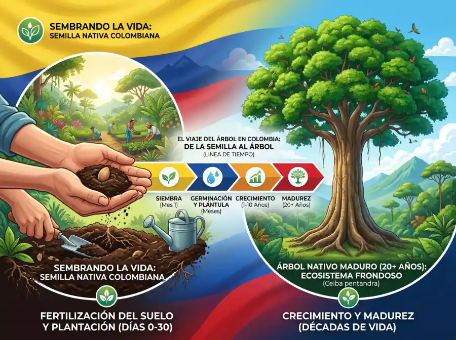 Ilustración del ciclo de vida de un árbol nativo colombiano desde la semilla hasta la madurez de más de 20 años. El proceso incluye: siembra, germinación y plántula en los primeros meses, crecimiento durante 1 a 10 años y madurez alcanzando un ecosistema frondoso. Sembrando la vida con semilla nativa colombiana, fertilización del suelo y plantación. Vivero Harmony promueve la reforestación en Cali, Bogotá y toda Colombia con la ceiba pentandra y otras especies endémicas como parte de proyectos de restauración ambiental y cumplimiento de la Ley 2173