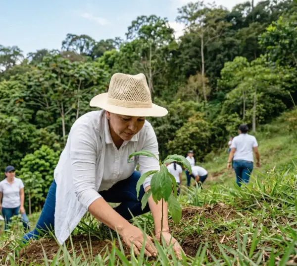 Fotografía de plano medio de un equipo diverso de hombres y mujeres jóvenes adultos, que representan a un equipo corporativo o comunitario en Colombia, colaborando activamente en la plantación de árboles jóvenes en un terreno de restauración ecológica. Cavando agujeros con palas y colocando plantones de árboles nativos en la tierra, llevan ropa práctica para exteriores. Al fondo, se ven árboles más grandes y una valla. Esta imagen ilustra la ejecución de la siembra obligatoria bajo la Ley 2173 de 2021 para empresas colombianas, representando la reforestación corporativa y la responsabilidad social empresarial (RSC) Siembra de las camaras de comercio de Cali, Bogotá y Medellin