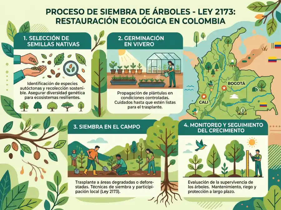 Infografía del proceso de siembra de árboles en Colombia bajo la Ley 2173 de reforestación. Cuatro pasos: 1) Selección de semillas nativas, 2) Germinación en vivero, 3) Siembra en el campo en Cali y Bogotá, Medellin, 4) Monitoreo y seguimiento del crecimiento. Vivero Harmony acompaña la restauración ecológica con especies nativas certificadas y compensación ambiental en todo el territorio colombiano.