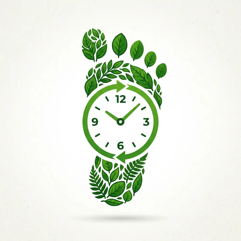 Ilustración de una huella humana formada por hojas verdes de diferentes formas, representando la reducción de la huella de carbono y el impacto ecológico positivo de las pymes en Cali, valle del cauca.