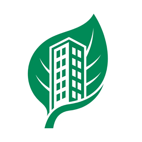 Icono minimalista verde de un edificio corporativo dentro de una hoja, que simboliza la responsabilidad social empresarial y la infraestructura sostenible en Cali.
