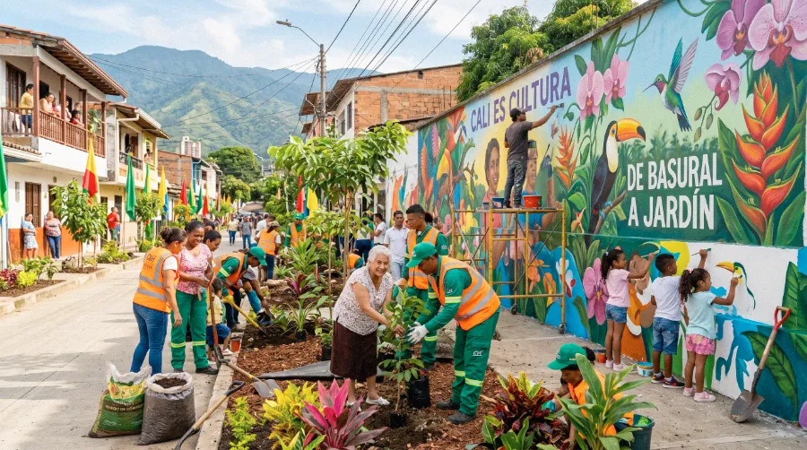 Operarios ambientales de Veolia Cali y comunidad de Cali sembrando plantas y pintando un mural que dice De basural a jardín, representando proyectos de RSE y transformación urbana en Cali, Palmira, el Valle del Cauca.