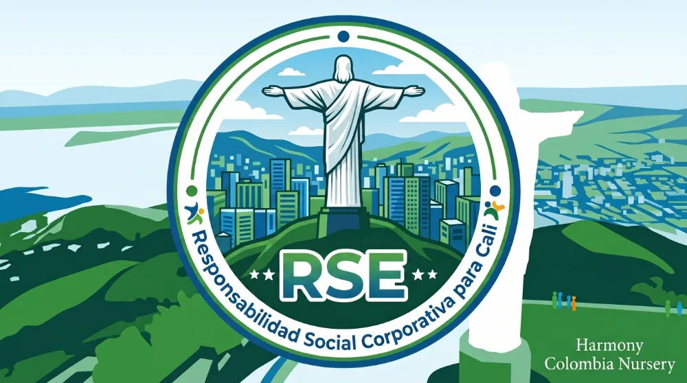 RSE para pymes en Cali: guía práctica para empezar con bajo presupuesto 1 Sello de consultoría y servicio de Responsabilidad Social Empresarial para pymes en Cali de Vivero Harmony, con ilustración del Cristo Rey y fondo de zonas verdes del Valle del Cauca.