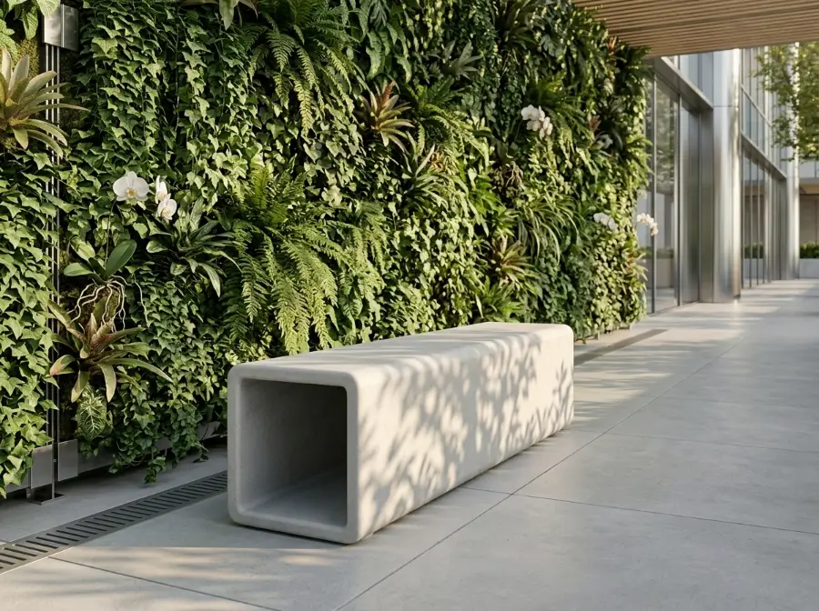 Bancas de cemento en Cali y Valle del Cauca | Fábrica de prefabricados al por mayor, diseños para parques, jardines y proyectos de paisajismo con precios directos de fábrica 7 Banca de concreto blanca con espaldar de Vivero Harmony, instalada en un patio de baldosas con un jardín de fondo.